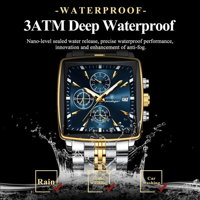 Mandotos POEDAGAR men's square chronograph watch with luminous dial, waterproof stainless steel case, and quartz movement.