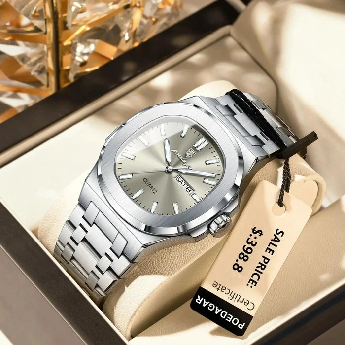 Mandotos POEDAGAR military square men's watch with stainless steel band, waterproof, luminous dial, date and week display, quartz movement.