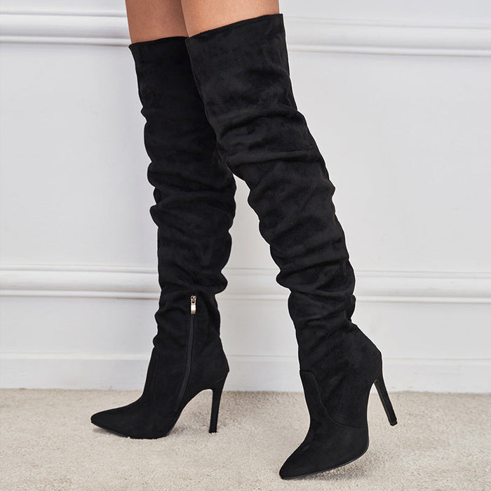 Pointed-Toe Suede Stiletto Boots with High Zipper — European / American Chic