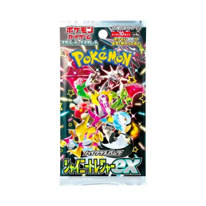 Mandotos Pokémon TCG Scarlet & Violet SV4a Shiny Treasure Pack with booster cards and shiny Pokémon illustrations inside.