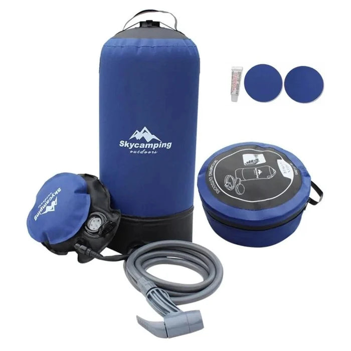 Mandotos portable outdoor shower kit with showerhead, hose, and compact design for camping and outdoor use.
