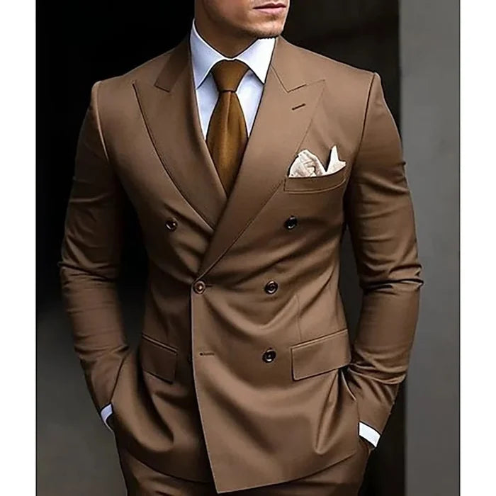 Premium brown men's bespoke double-breasted slim fit formal suit set by MANDOTOS INTERNATIONAL, displayed on a mannequin.