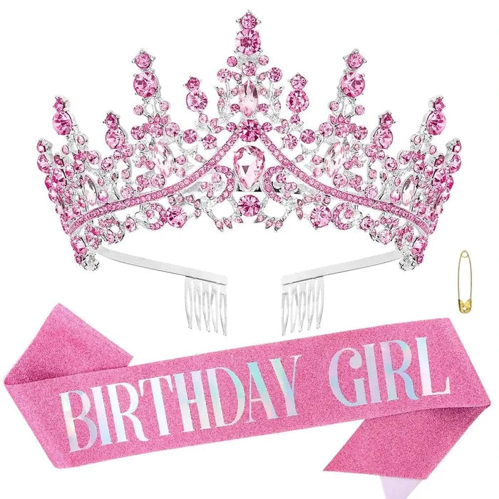 Pink rhinestone princess tiara and crown set by MANDOTOS INTERNATIONAL, perfect for birthday celebrations and special occasions.