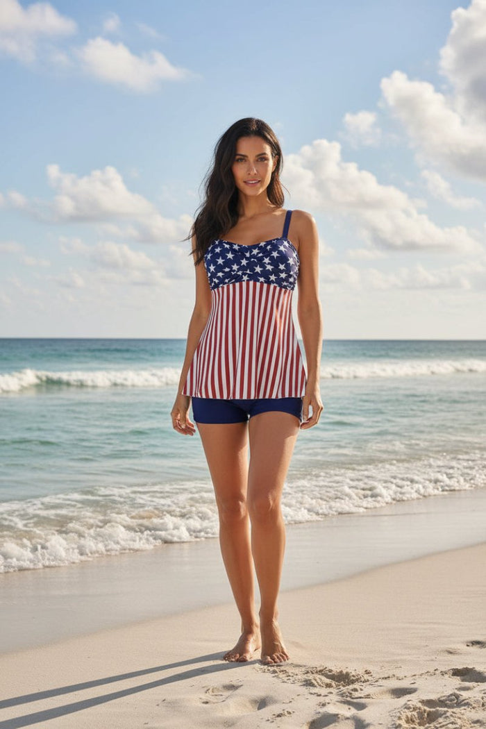 Printed Split Boxer Swimsuit by FitiqueFit, two-piece women's swimwear set with colorful patterns and sporty design.
