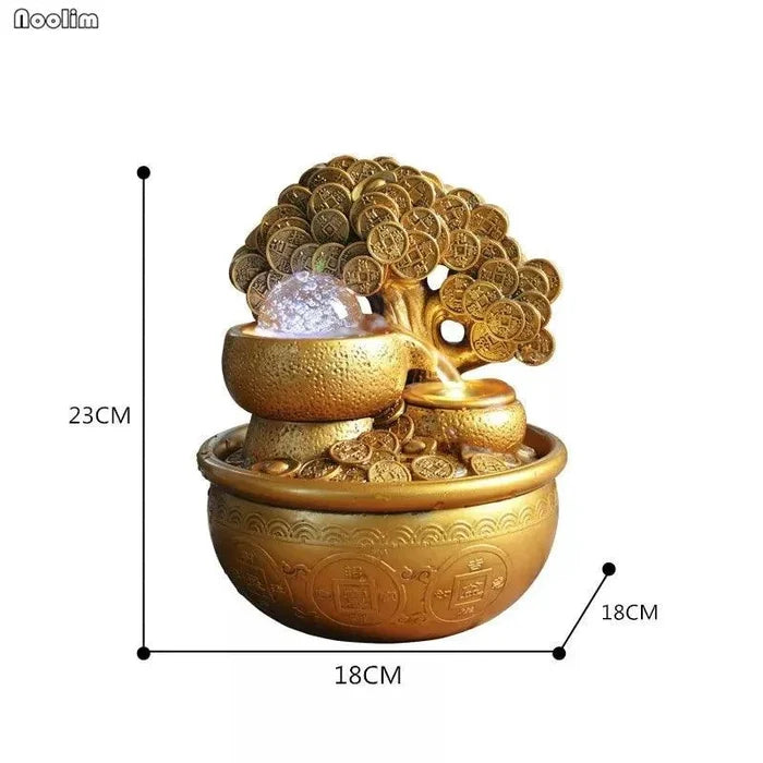 Mandotos Prosperity Gold Water Feature with flowing water and decorative gold accents, outdoor garden fountain display
