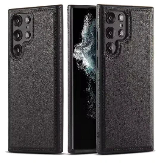 Mandotos PU leather phone case in black, showing sleek design and textured surface for protection and style.