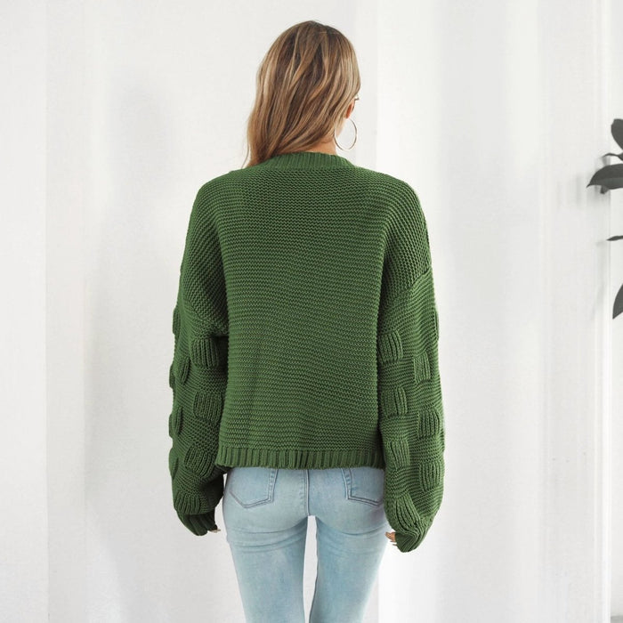 Mandotos women's puff sleeve cardigan sweater with front chunky knit design, stylish knitwear coat for casual wear.