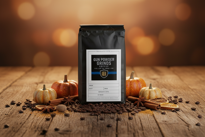 Gun Powder Grinds Pumpkin Spice with pumpkins and autumn elements