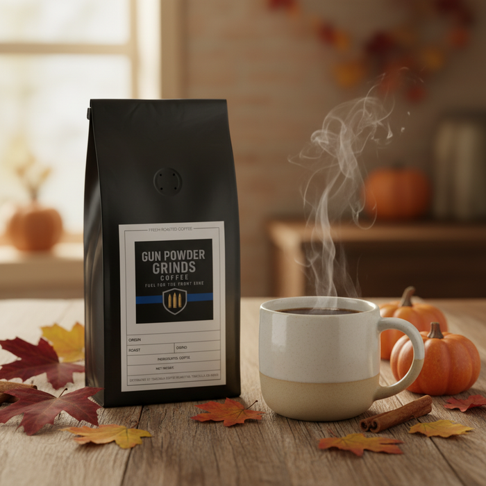 Gun Powder Grinds Pumpkin Spice with steaming mug