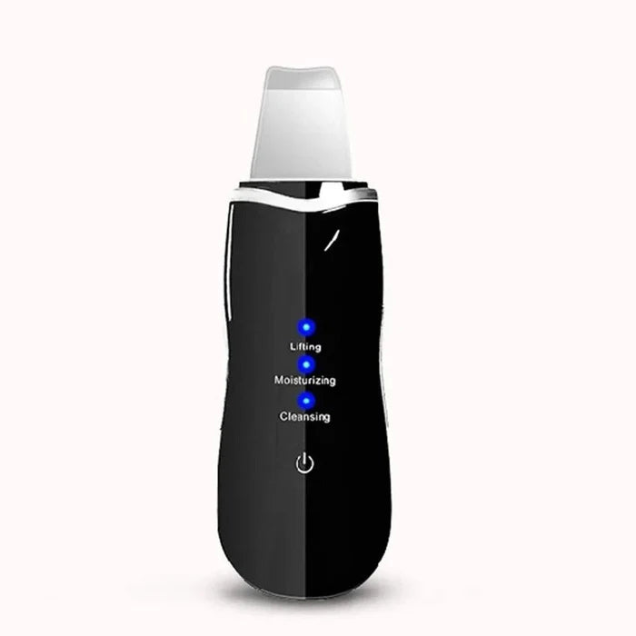Mandotos RadiantGlow Ultrasonic Skin Scrubber for deep cleansing and skin revitalization, shown in use on a woman's face.