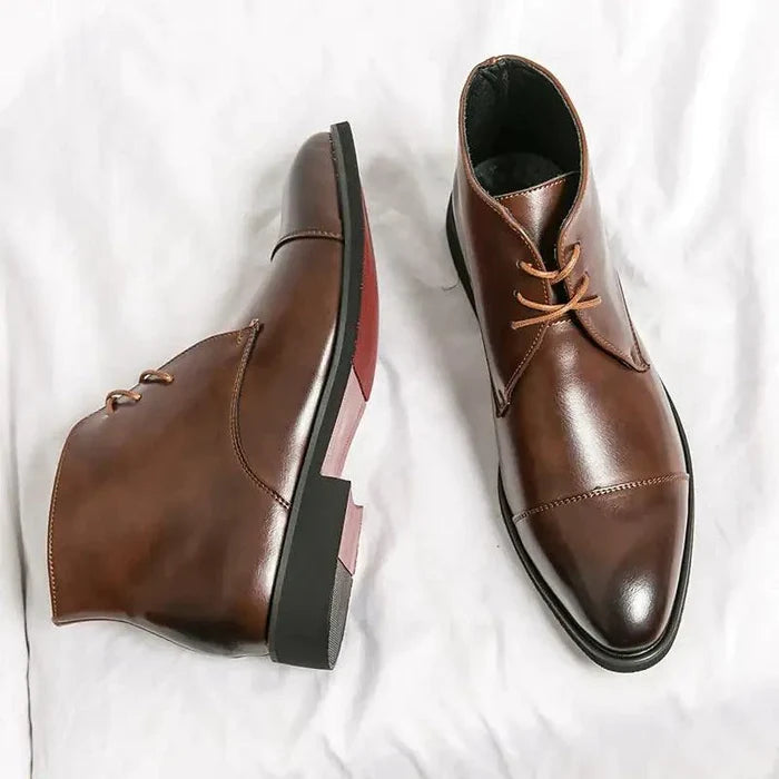 Mandotos red bottom leather boots with sleek design and stylish heel, perfect for trendy fashion statements.