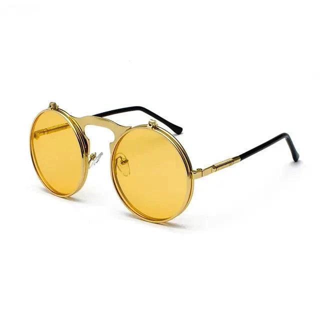 Mandotos Retro Flip Steampunk Shades with tinted lenses and vintage-inspired bronze frame, stylish eyewear for a unique look.