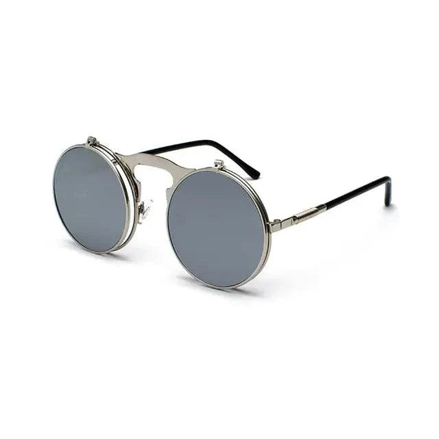 Mandotos Retro Flip Steampunk Shades with tinted lenses and vintage-inspired metal frames, stylish and unique eyewear.