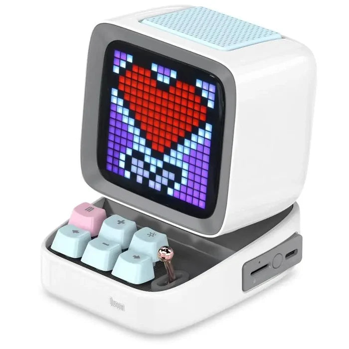 Mandotos retro pixel art Bluetooth speaker and alarm clock with colorful pixel design and digital display.