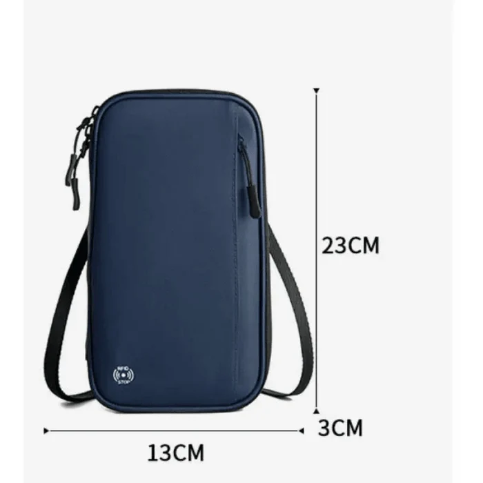 Mandotos RFID safe travel pouch with multiple compartments, black fabric, designed to protect credit cards and passports from theft.