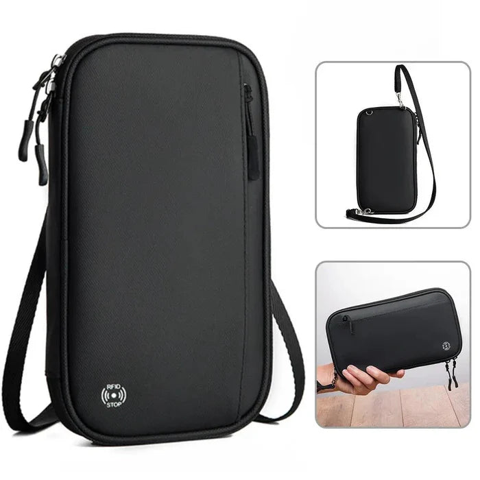 Mandotos RFID safe travel pouch with multiple compartments and secure zippers for protecting personal cards and documents.