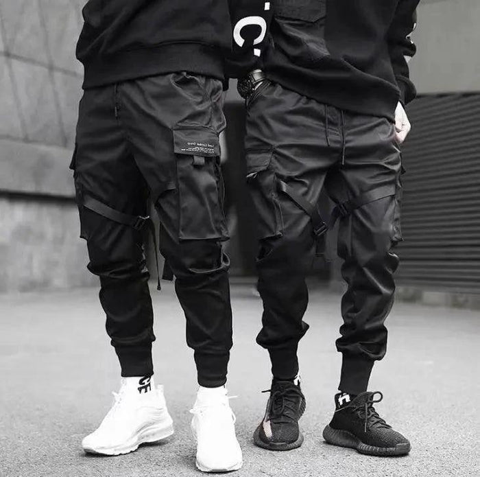 Mandotos Ribbons Harem Joggers for men, cotton cargo pants with pockets, streetwear hip hop casual track pants style.