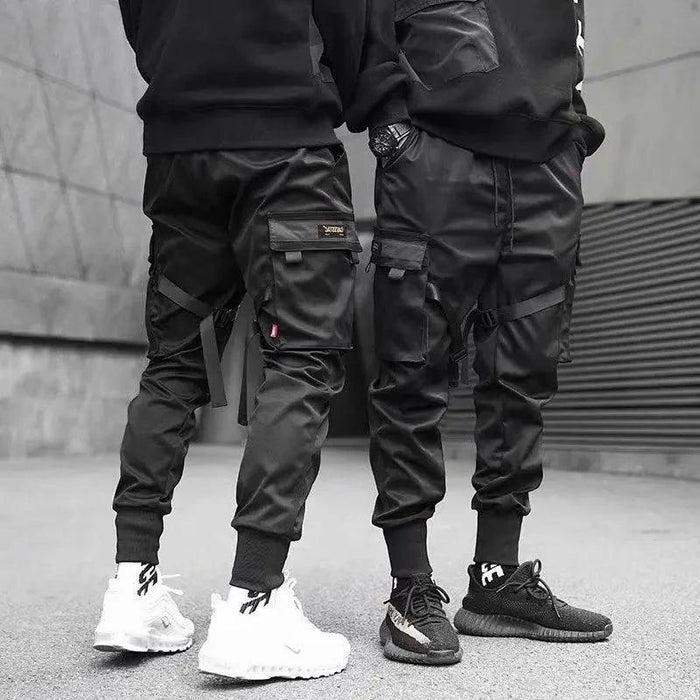 Mandotos Ribbons Harem Joggers for men, cotton cargo pants with pockets, streetwear style, casual hip hop track pants