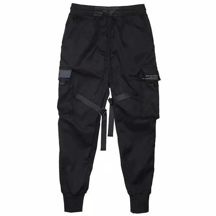 Mandotos Ribbons Harem Joggers for men, cargo streetwear pants with pockets, cotton fabric, hip-hop casual style.