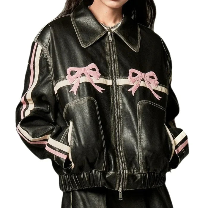 Mandotos International Rider's Bow Leather Jacket featuring a sleek black design and classic motorcycle style.