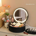 Round MANDOTOS Smart LED Makeup Bag with mirror lights, travel organizer for cosmetics and beauty essentials.