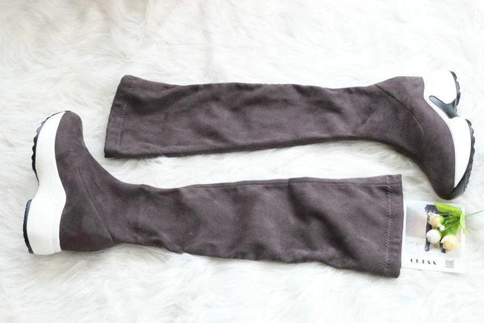 Mandotos round toe sports high heel over-the-knee boots showcasing sleek design and black leather finish.