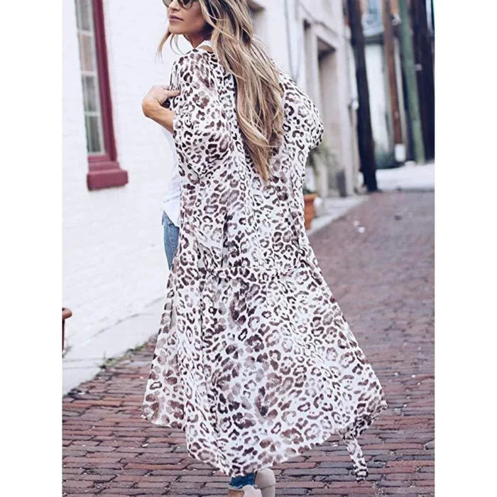 Mandotos Safari Chic Kimono featuring a lightweight, patterned fabric with a relaxed fit and open front design.