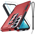 Red Samsung Galaxy S22 rugged full-body case with screen and lens protector, providing durable protection for the smartphone.
