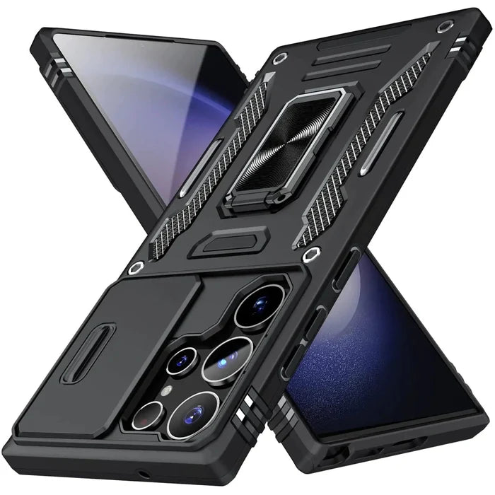 Mandotos Samsung Galaxy S23 Ultra case with camera shield and versatile ring stand for protection and easy grip.