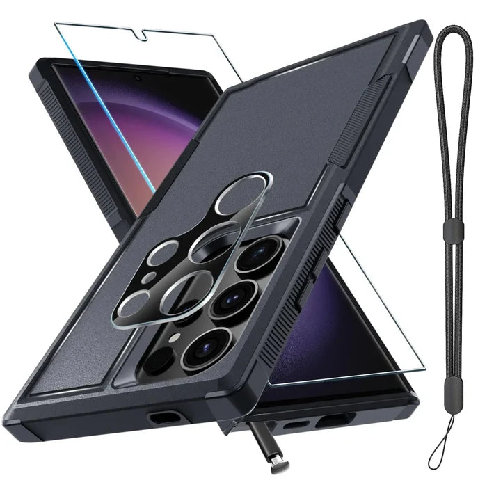Samsung S25 Ultra armored defense case by Mandotos International with screen and lens cover, offering rugged protection for the smartphone.