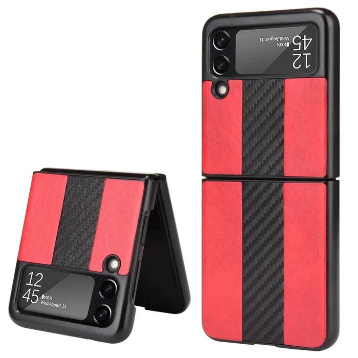 Samsung Z Flip 3 5G leather folding case by MANDOTOS INTERNATIONAL, shown on the phone with a sleek black leather finish.