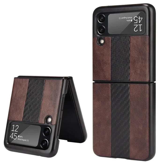 Samsung Z Flip 3 5G leather folding case by MANDOTOS INTERNATIONAL, showing the black textured leather exterior and folding design.