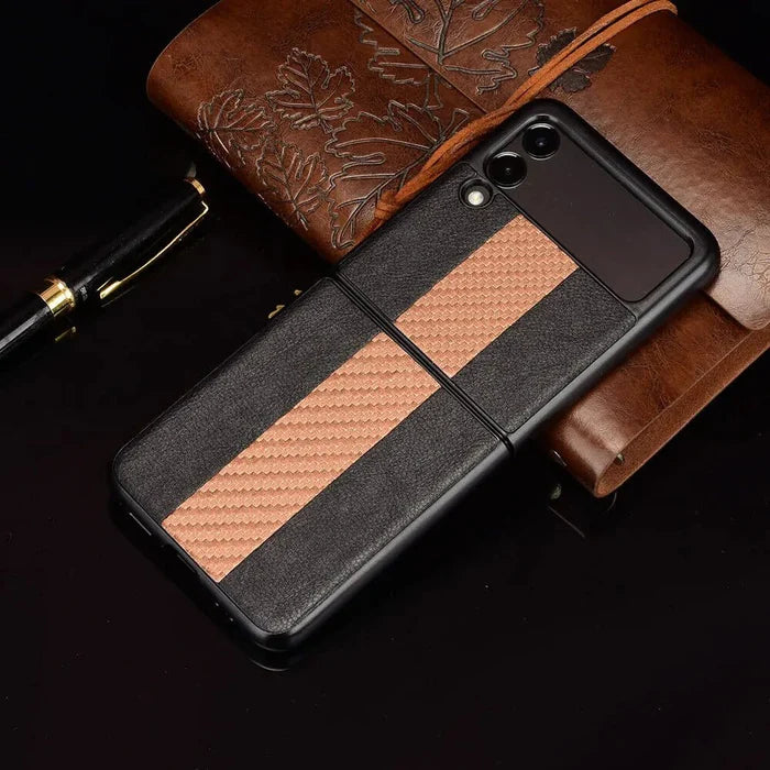 Samsung Z Flip 3 5G leather folding case by MANDOTOS INTERNATIONAL, shown open with soft brown leather exterior and interior.