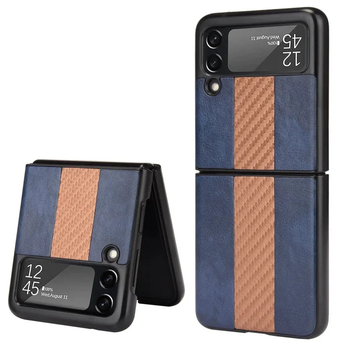 Samsung Z Flip 3 5G leather folding case by MANDOTOS INTERNATIONAL, shown in black with a sleek, smooth leather finish.