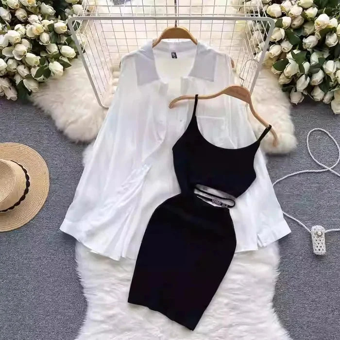 Mandotos International women's sunscreen dress set with a sexy split design, lightweight fabric, perfect for summer wear.