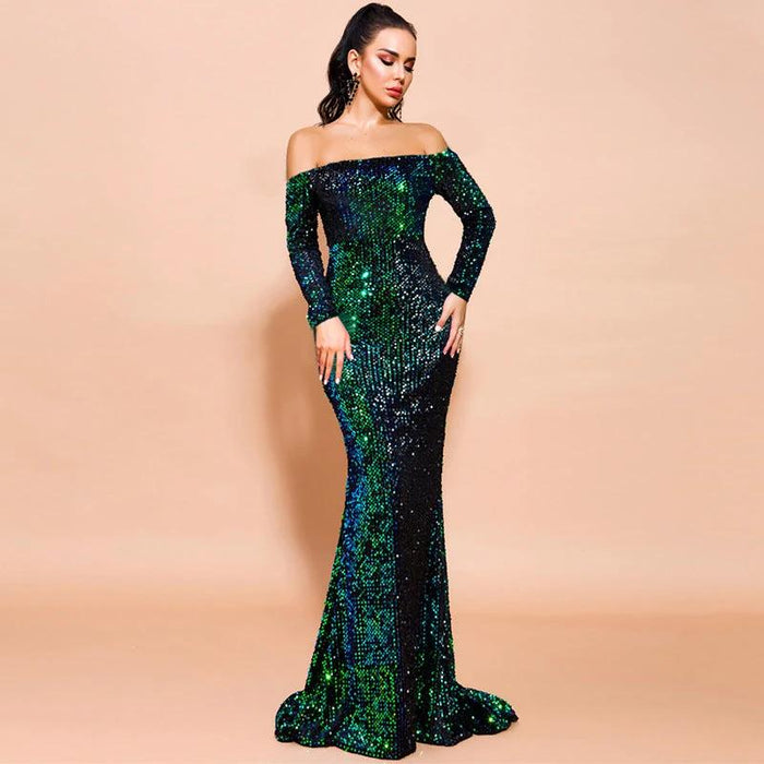 Mandotos strapless long sleeve sequins evening dress, elegant party gown with shimmering sequin details and a fitted silhouette.