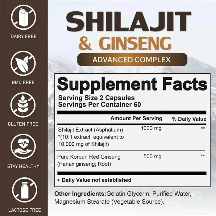 Mandotos Shilajit natural energizer supplement with dark resin-like substance for boosting immunity, mental clarity, and body rejuvenation.