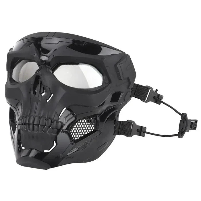 Mandotos Skull Tactical Sports Mask showing a black mask with skull design, designed for tactical sports and outdoor activities.