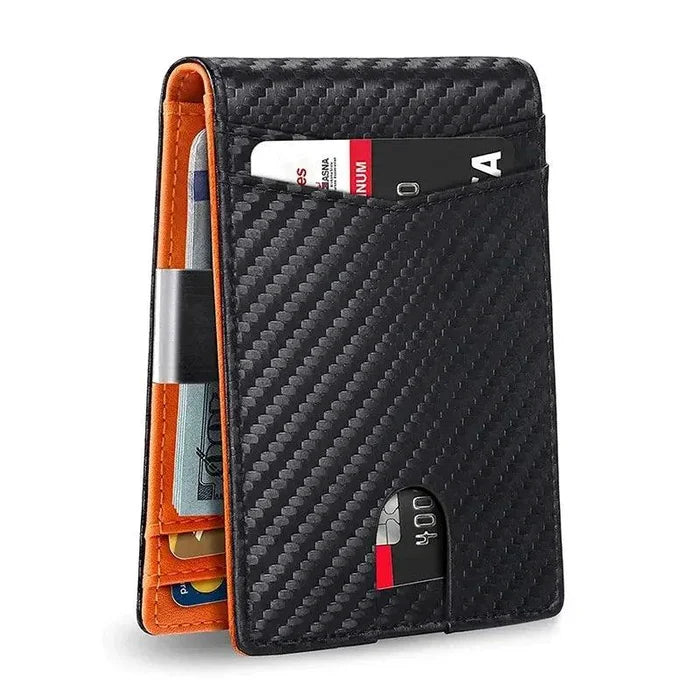 Mandotos Slim RFID Leather Wallet showing multiple card slots and sleek design in black leather.