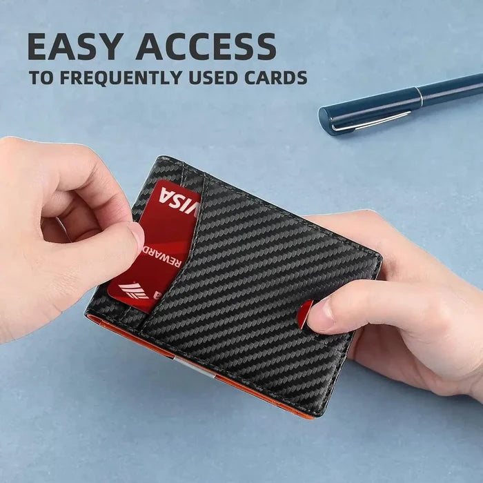 Mandotos slim RFID leather wallet with multiple card slots and sleek design, shown in black.