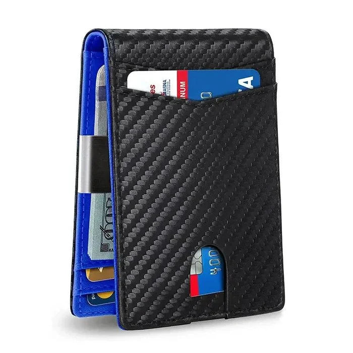 Mandotos slim RFID leather wallet with multiple card slots and sleek design, shown in black with smooth leather finish.