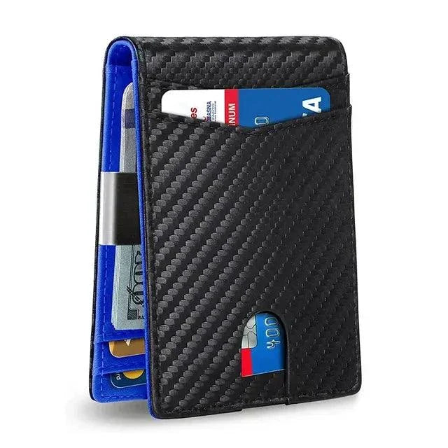 Mandotos slim RFID leather wallet showing multiple card slots and sleek design on smooth leather surface.