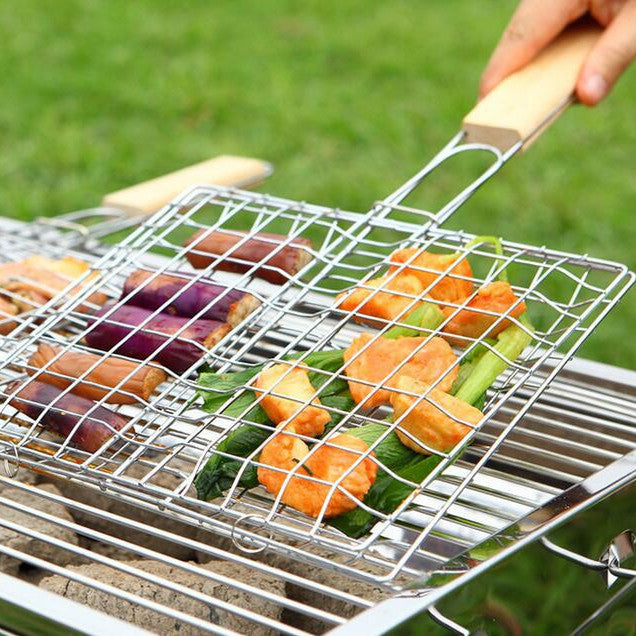 Stainless Steel Outdoor Grill Basket Wooden Handle Square