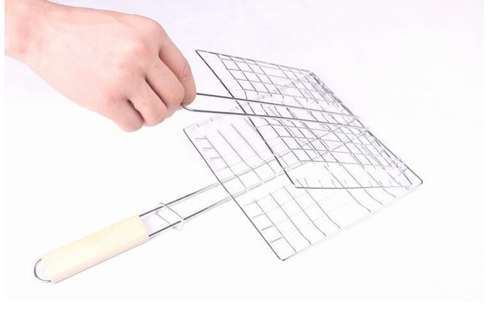 Stainless Steel Outdoor Grill Basket Wooden Handle Square