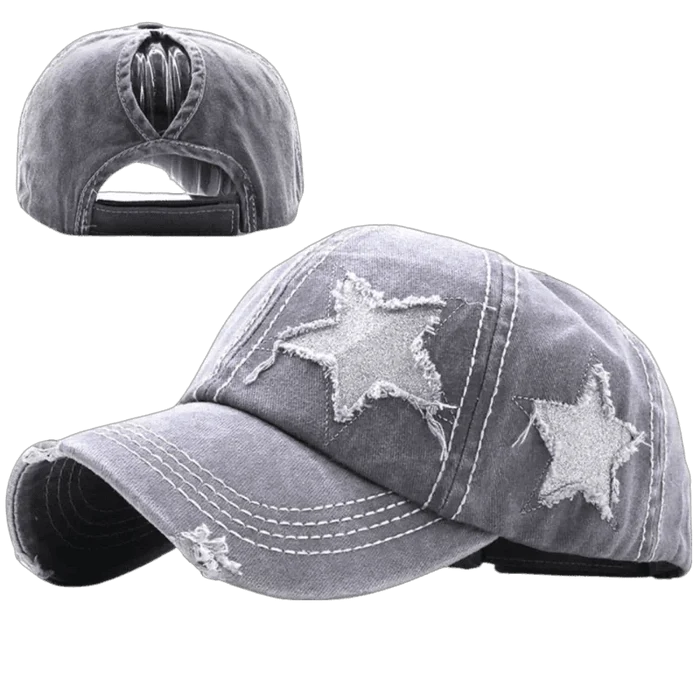 Mandotos star denim baseball cap with adjustable strap, featuring a front star design and classic curved brim.