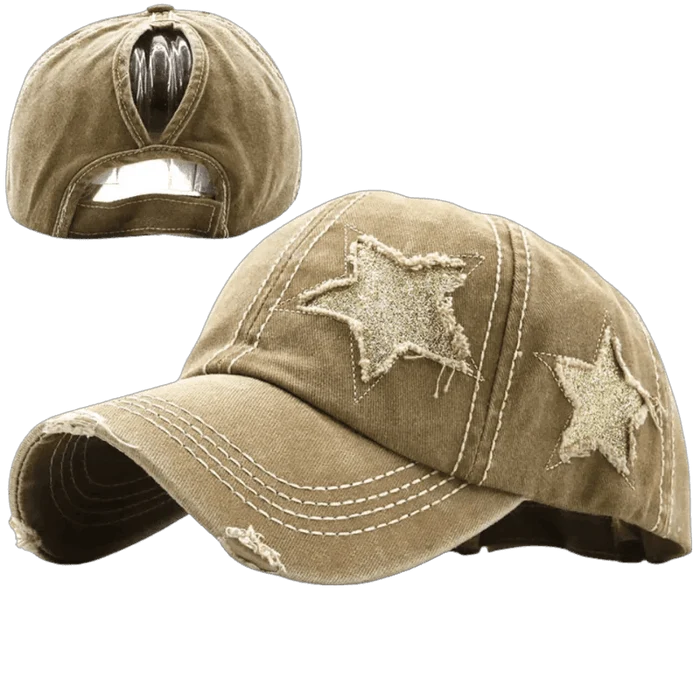 Mandotos star denim baseball cap featuring a classic design with embroidered star detail and adjustable strap.