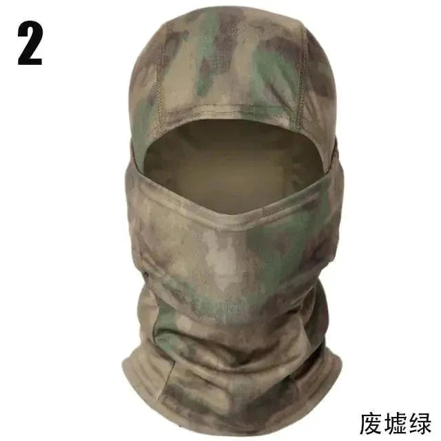 Mandotos Stealth Ops camo face mask with black and green camouflage pattern, breathable fabric, and adjustable ear loops.