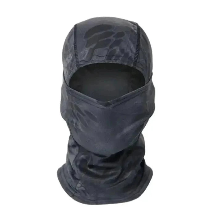 Mandotos Stealth Ops Camo Face Mask with camouflage pattern, breathable fabric, and adjustable fit for outdoor activities and tactical use.