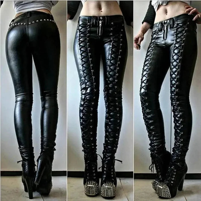 Mandotos steampunk leather skinny pants featuring a fitted design and intricate steampunk-inspired detailing.