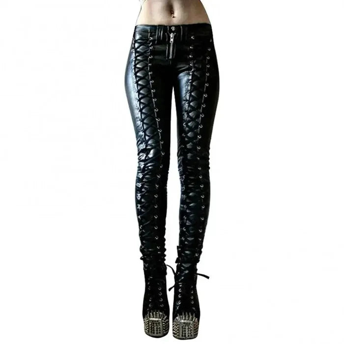 Mandotos steampunk leather skinny pants with fitted design, featuring detailed leather panels and a stylish, edgy look.